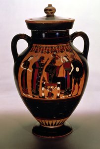 アテナの誕生を描いた屋根裏の黒像式アンフォラ（陶器） 作： Greek